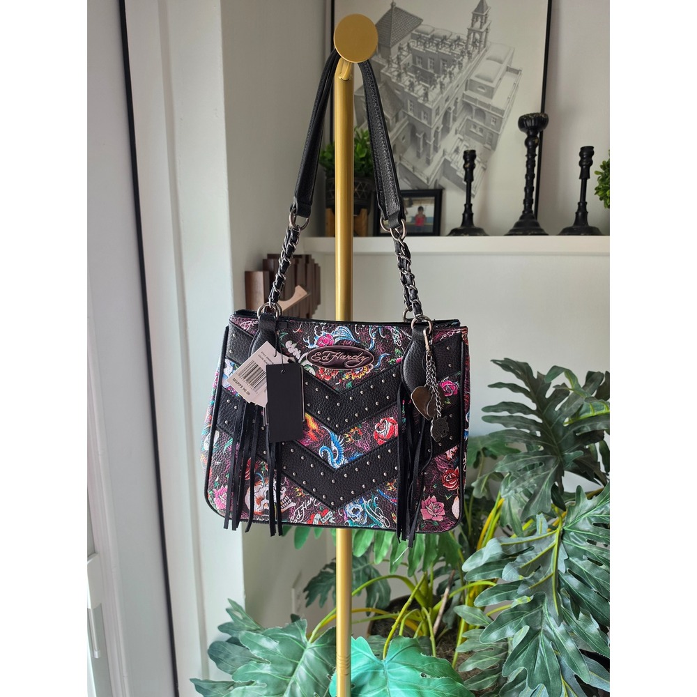 Ed Hardy Women Black Tattoo Print Studded Fringe Shoulder Bag Heart Charm NWT
